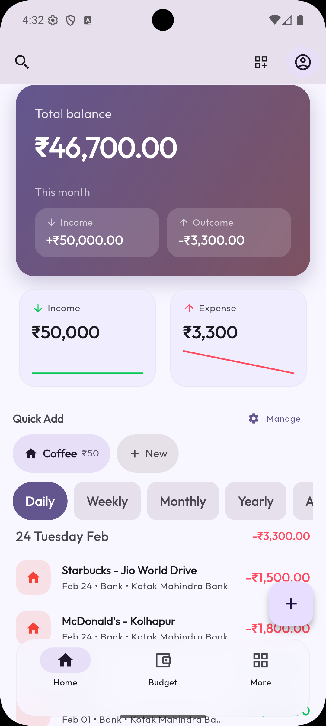 Spend Wisely dashboard showing balance, budgets and recent transactions